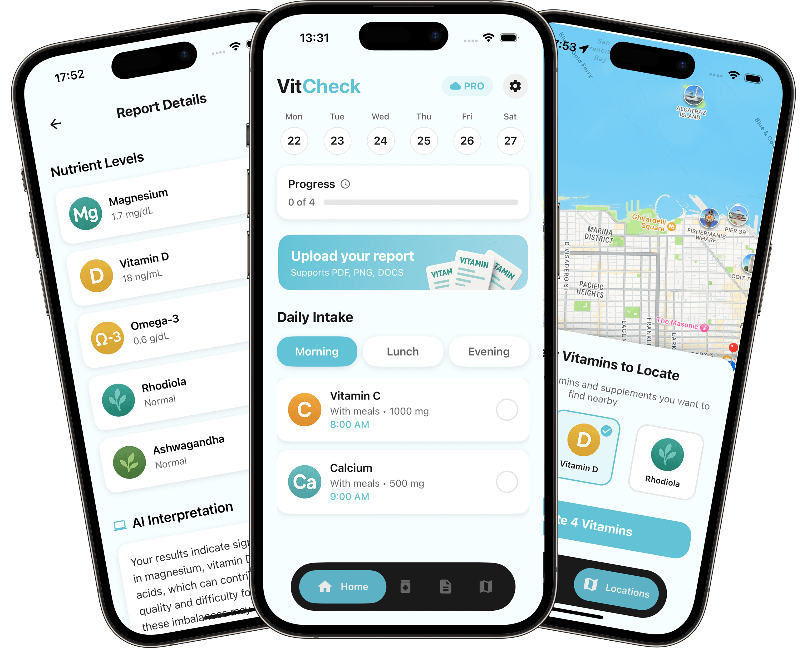 VitCheck app screens showing nutrient insights, daily intake, and vitamin locator